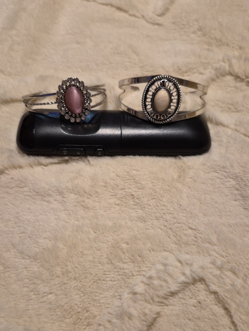 Silver Tone Cuff Bracelet with Pink Stone Accent